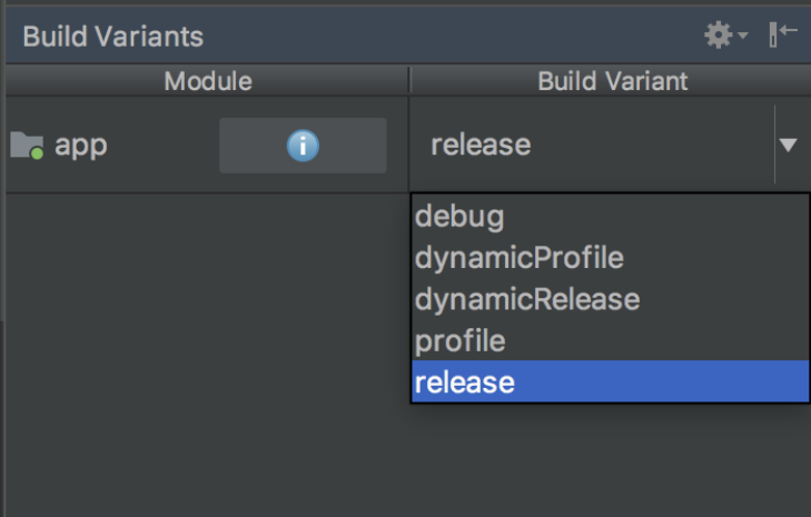 The build variant menu in Android Studio with Release selected.