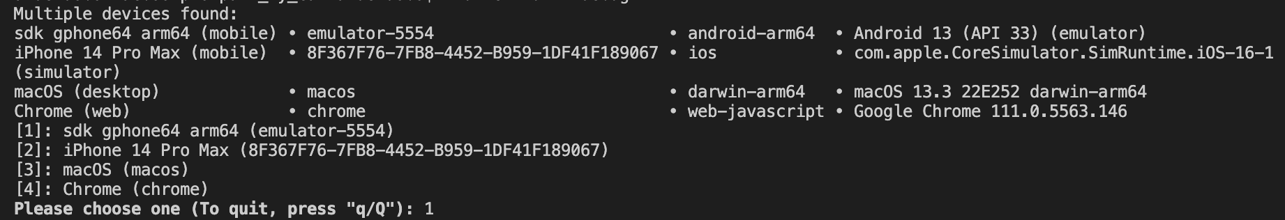 Selecting an Android device with the flutter CLI.