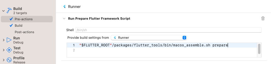 Add Run Prepare Flutter Framework Script build pre-action