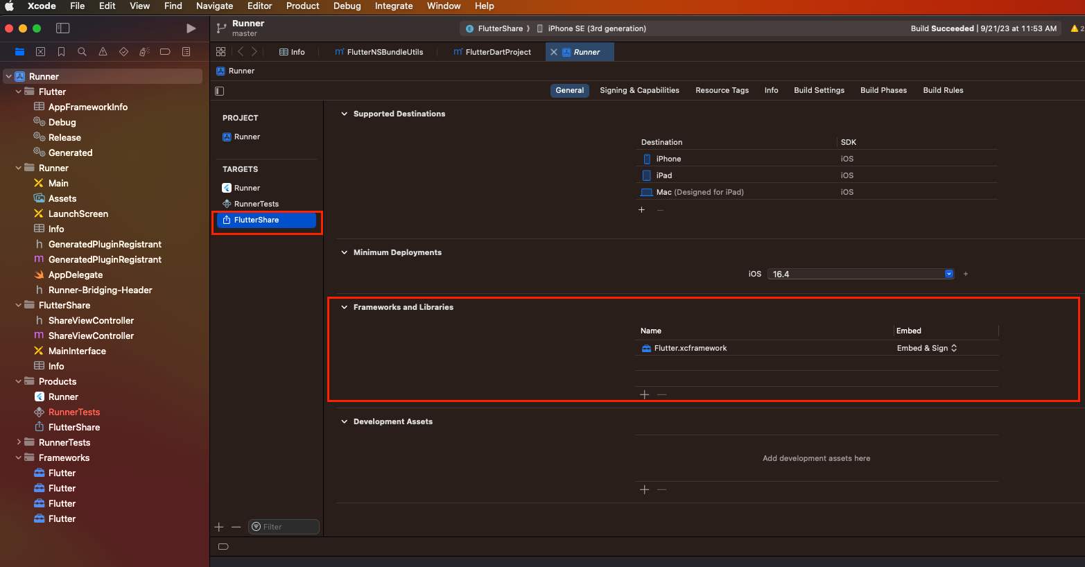 The Flutter.xcframework file being marked as Embed & Sign in Xcode.