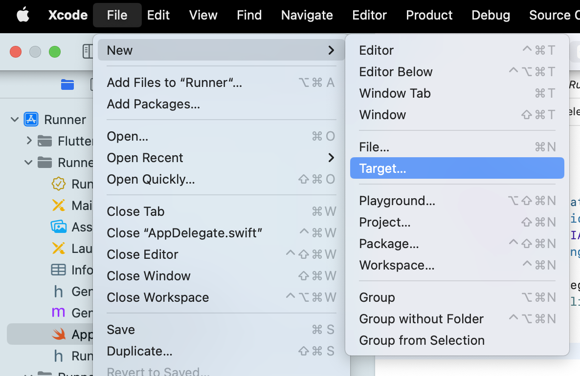 Opening the File -> New menu, then selecting Target in Xcode.