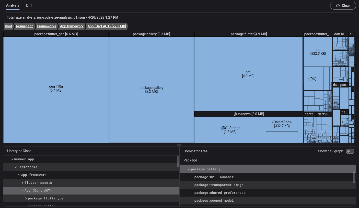 Screenshot of app size analysis