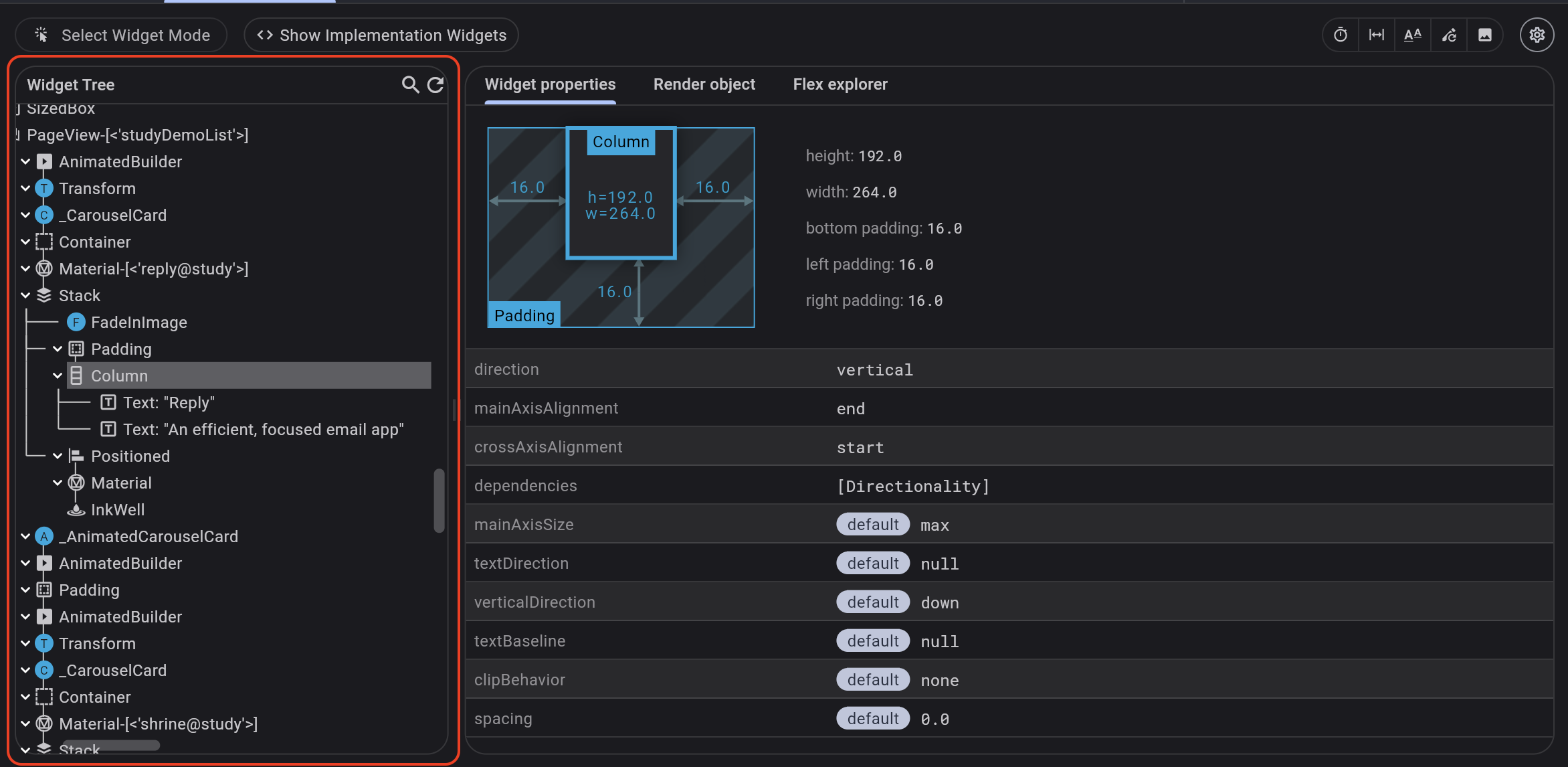 Image of Flutter inspector with Widget Tree highlighted