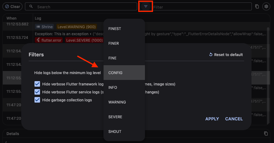 Log level filter